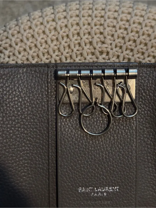 Authentic YSL Gray Pebbled Leather Key Holder with Silver Hardware - Image 5
