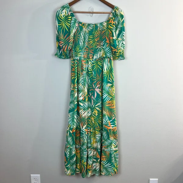 Betsey Johnson Maxi Dress Small Green Palm‎ Leaf Tropical Smocked Puff Sleeve - Image 7