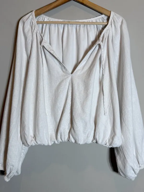 Abercrombie & Fitch x Tia Booth Linen-Blend Peasant Bubble Top Women's XL White - Image 4