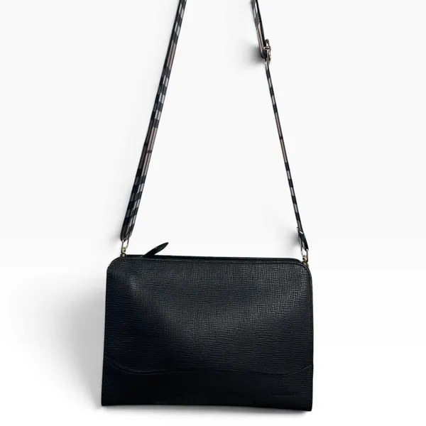 Burberry Vintage Clutch Bag Medium Black Leather Check Canvas Strap Hardware - Image 3