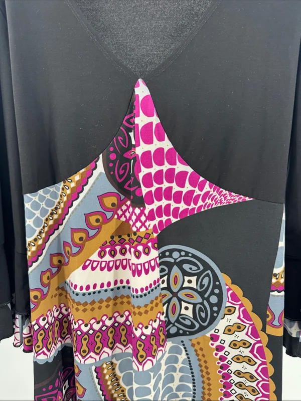 Suzie In The City Black Tunic babydoll ruffle L top Y2K abstract mixed prints - Image 8