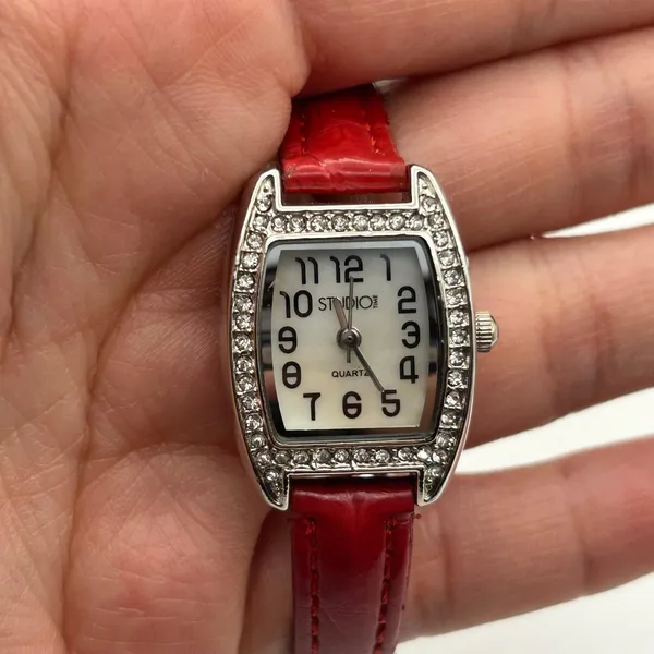 Studio Time Mother Pearl Crystals Red Band Women’s Watch Working New Battery - Image 7