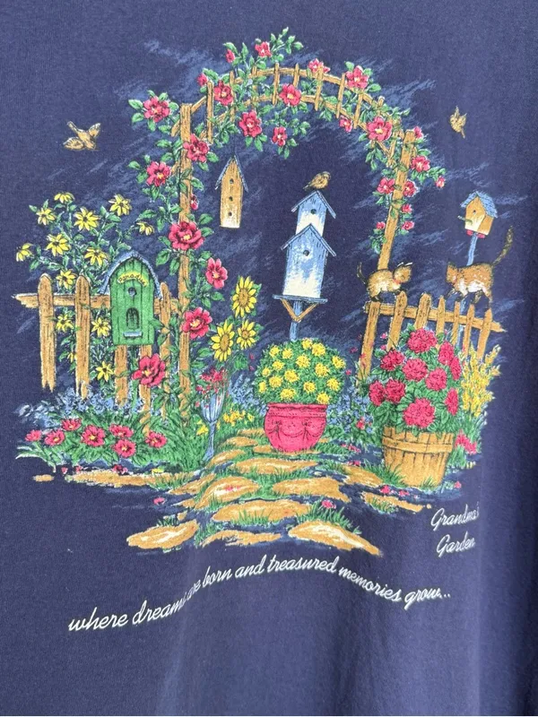 Vintage Bobbie Brooks Woman T Shirt Grandma’s Garden Plus Size 26/28 Cats Birds - Image 2