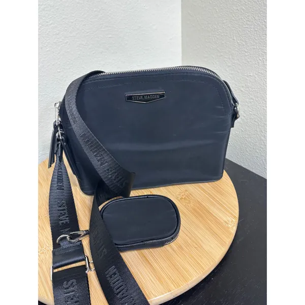 Steve Madden Crossbody Bag Small Dome Black Nylon with Coin Purse Strap - Image 14
