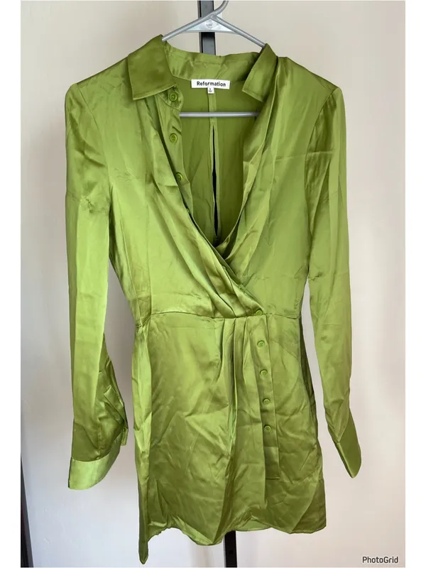 Reformation Alaine Dress Satin Long Sleeve Mini Green Size 0 - Image 2