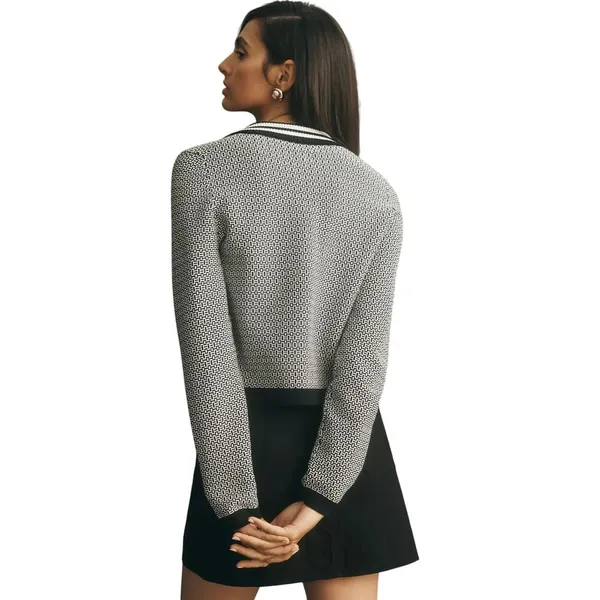 Anthropologie Maeve Preppy Black/White Cropped Plunging Polo Cardigan Size Small - Image 2