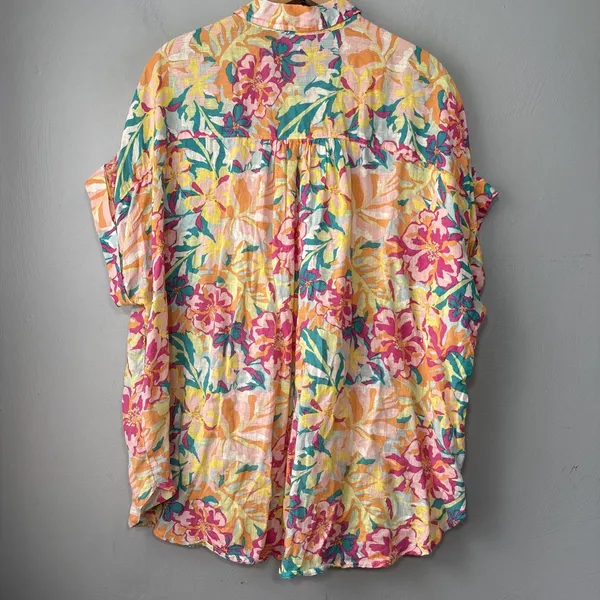 Bright Floral Linen Top Size XXL Button Up Shirt Tropical Summer Dopamine Resort - Image 5