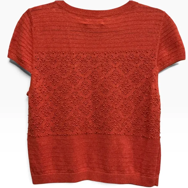 Alice + Olivia NWT Beaded Pointelle Linen Cotton Cropped Sweater Top Orange - Image 2