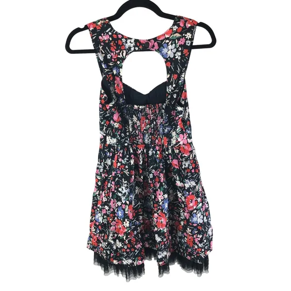 Free People Dress A Line Tulle Trim Open Back Floral Cotton Blend Black 4 - Image 2
