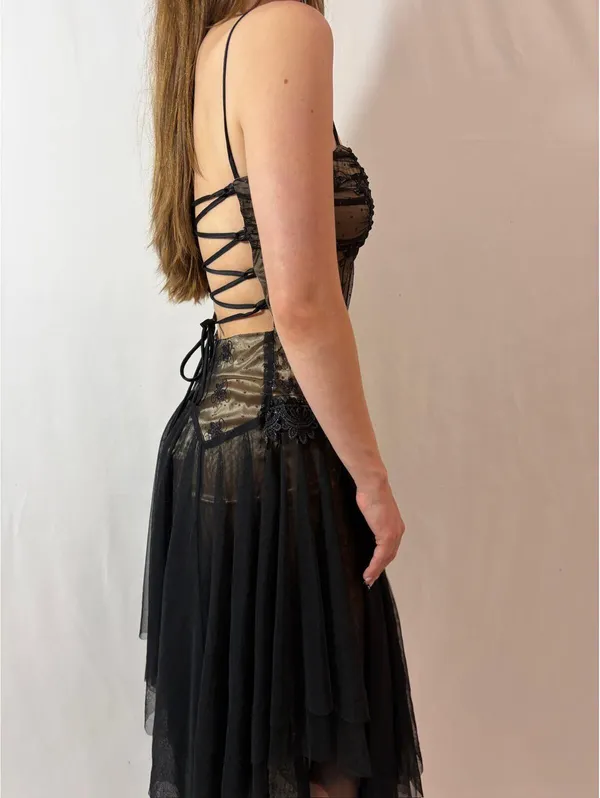 Black Mesh Overlay Embellished Corset Vintage Masquerade Formal Dress - Image 5