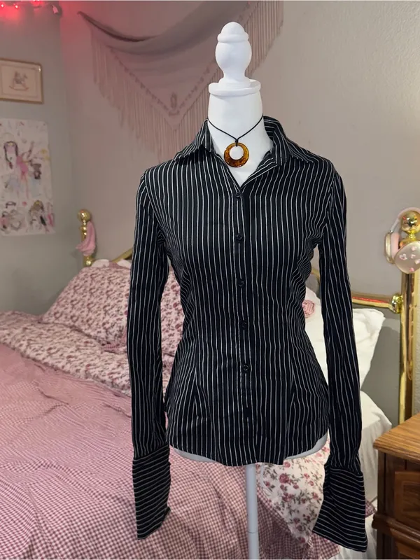 Y2K Office Siren Black Pinstripe Button-Down Women's Shirt - Image 4