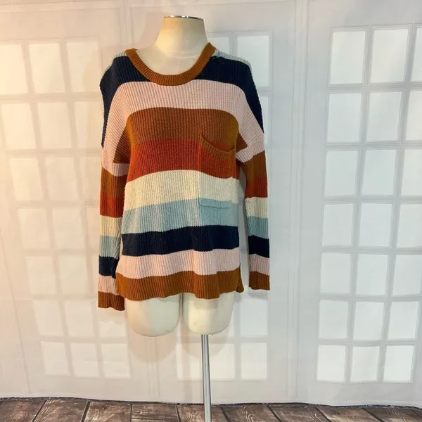 Madewell Thompson Heather Fawn Pocket Rainbow Stripe Pullover Sweater Size Small - Image 4