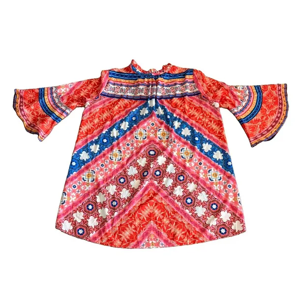 Umgee Orange Multicolor Bohemian Peasant Bell Sleeves Dress/Tunic Keyhole Large - Image 3