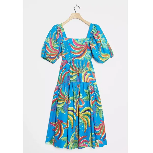 NEW Farm Rio Tropics Tiered Midi Dress XS Banana Print Puff Sleeve Empire Waist - Image 9