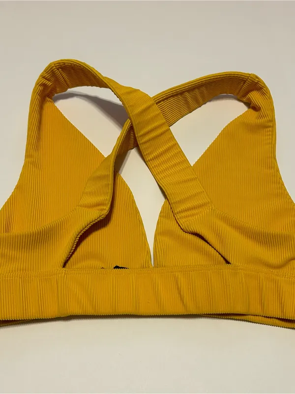 NWOT Mustard Yellow Beach Riot Sports Bra Cross Strap Ribbed V-Neck Bra - Image 4