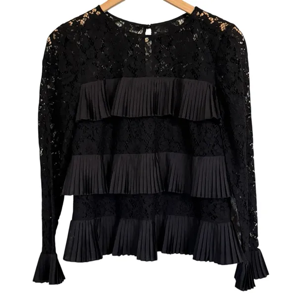 J.Crew Black Lace Tiered Ruffle Long Sleeve Blouse Romantic Chic Women’s Size 6 - Image 5