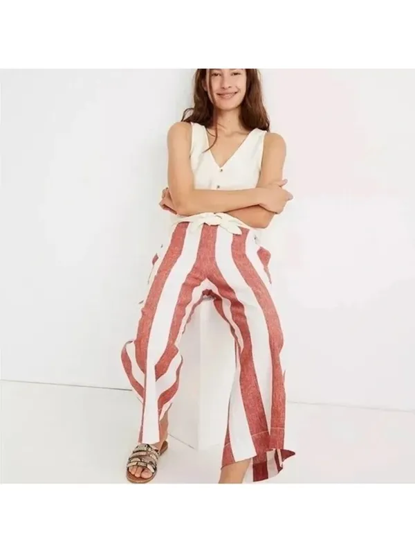 Madewell NWOT Women's Orange/Brown Striped Pull On Wide Leg Pants Size ST - Image 3