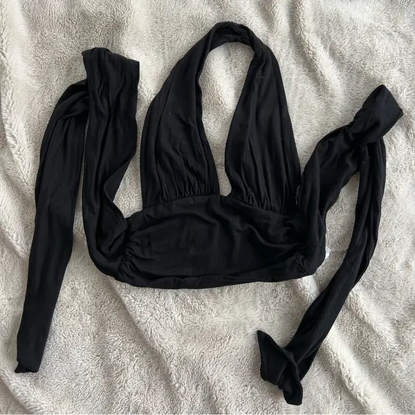 Vacation Bliss Black Halter Wrap Crop Top - Image 3