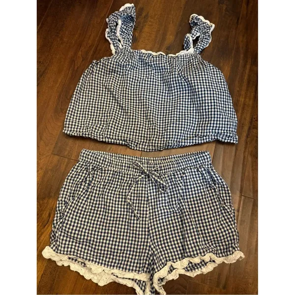 Caroline Constas 2pc Cotton Gingham Short Pajamas Set Size Navy Small - Image 3