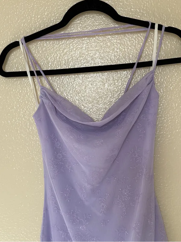 Vintage Y2K Lavender Cowl Neck Lace Up Back Floral Mesh Midi Dress Fairycore - Image 3