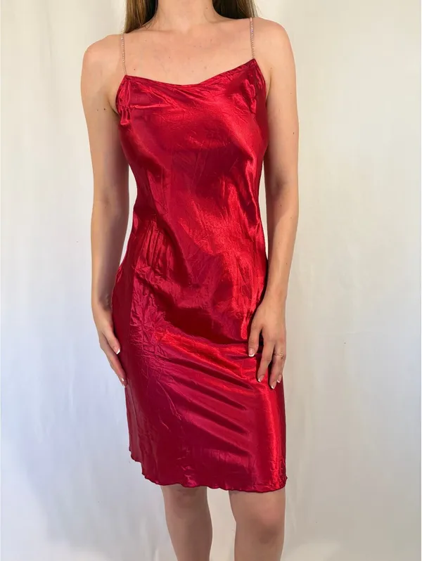 Red Satiny Rhinestone Strap Midi Dress - Image 3