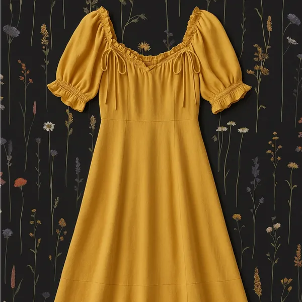 👗🌺Anthropologie Yellow Midi Dress M 6 8 Boho Cottagecore Puff Sleeve Ruffle Trim - Image 2