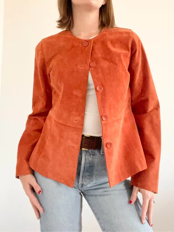 Vintage Leather Suede Button Jacket in Burnt Orange Size 4P - Image 2