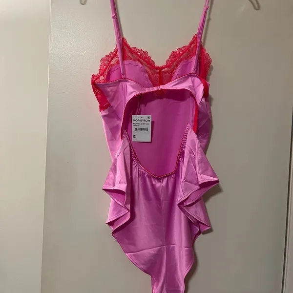 NWT SKIMS Woven Shine Lace Teddy Neon Orchid Pink Red M - Image 5