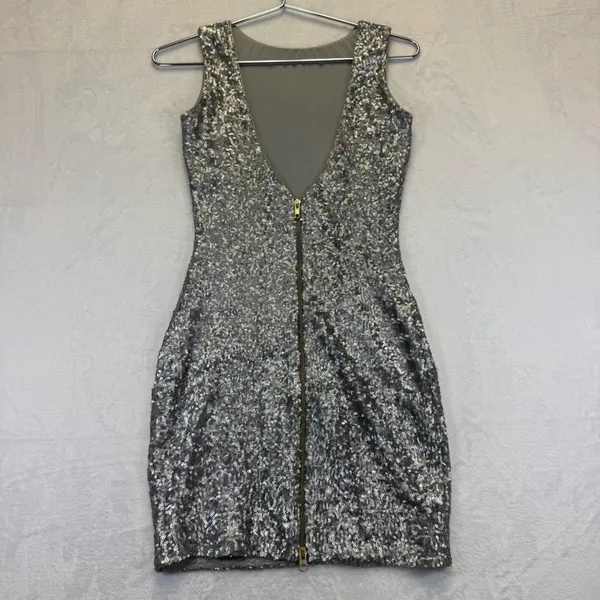 Dress‎ the Population Silver Sequin Mini Dress Womens XS Low V-Back Made in USA - Image 5