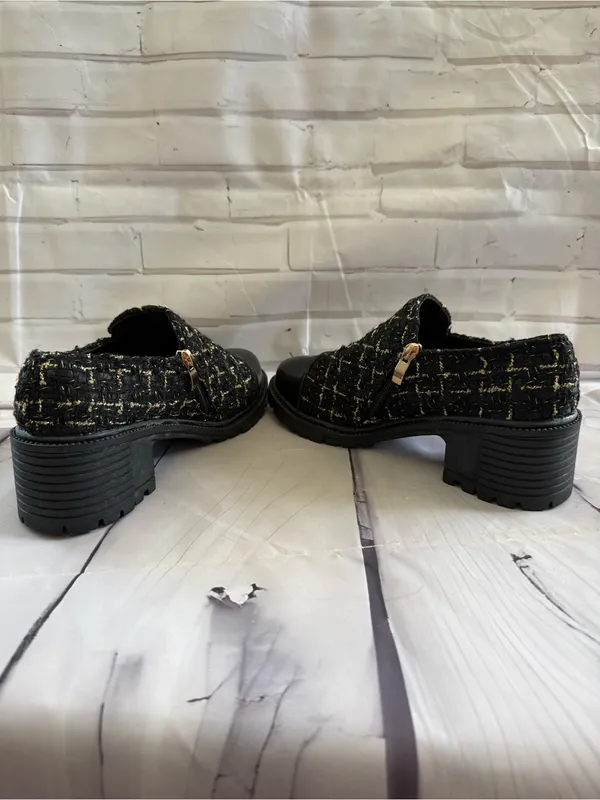 SHEIN Black Tweed Lace-Up Chunky Heel Boots with Gold Accents - Image 7