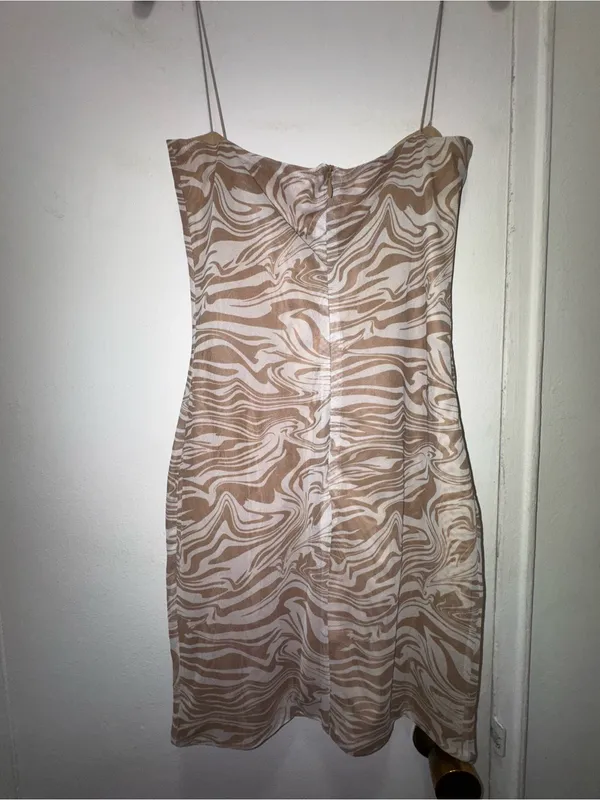 Meshki Mia Beige Marble Print Slip Mini Mesh Dress Medium - Image 6