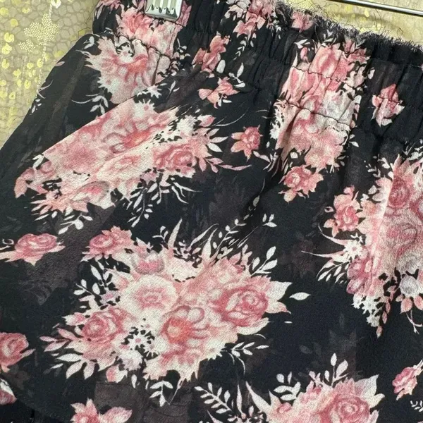LoveShackFancy Pink Black Floral Garden Tiered Mini Skirt Large 100% Silk - Image 7