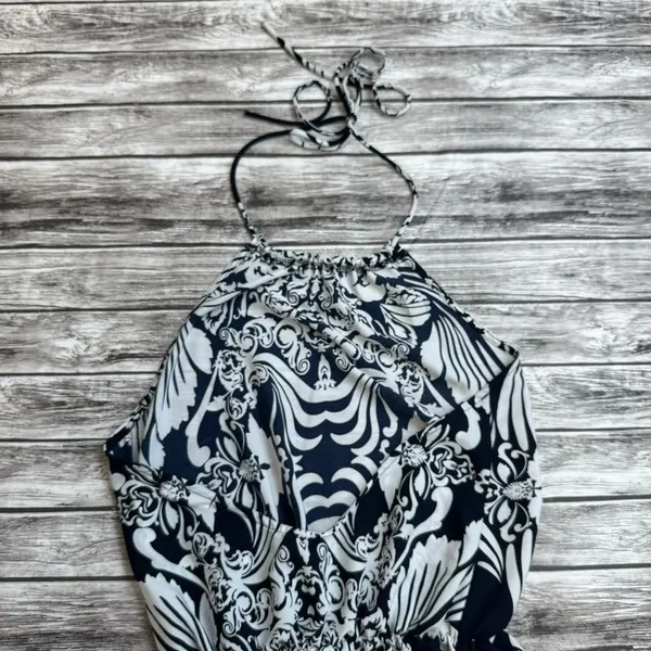 Million Bullpup Paisley Maxi Dress Halter Drop Waist Boho White Navy Small - Image 5