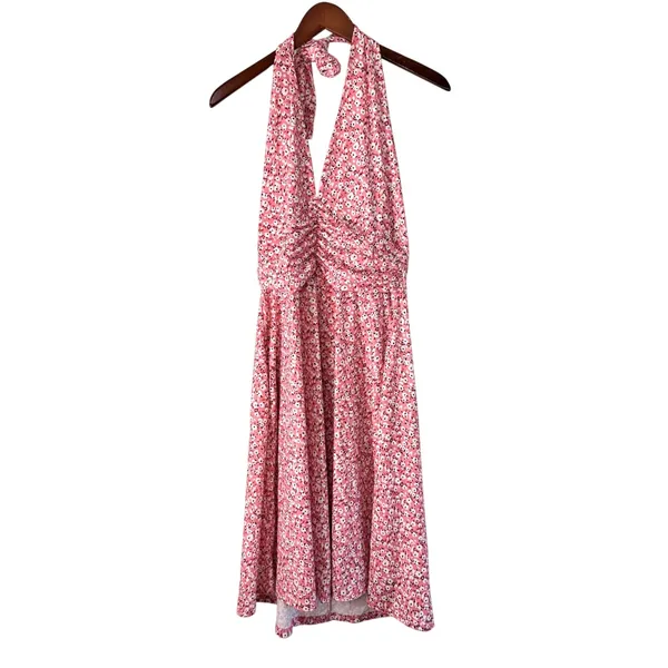 HUHOT Halter Dress Floral Ruched Summer Casual Sundress Pink‎ White L - Image 8