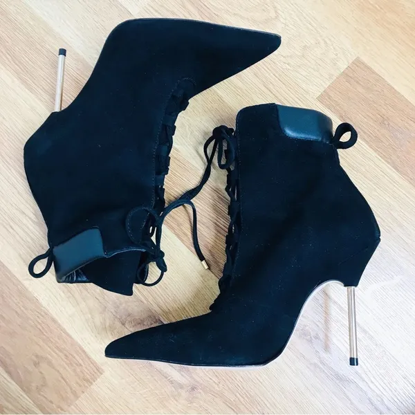 GOOD AMERICAN Black Suede Stiletto Lace Up Ankle Boot Bootie Hiking Size 5.5 New - Image 8
