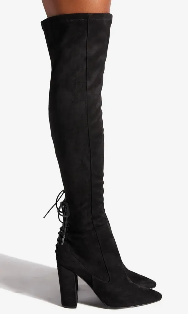 Ivona Stretch Over The Knee Boots Black Faux Suede Tie Detail 4” Heel - Image 2
