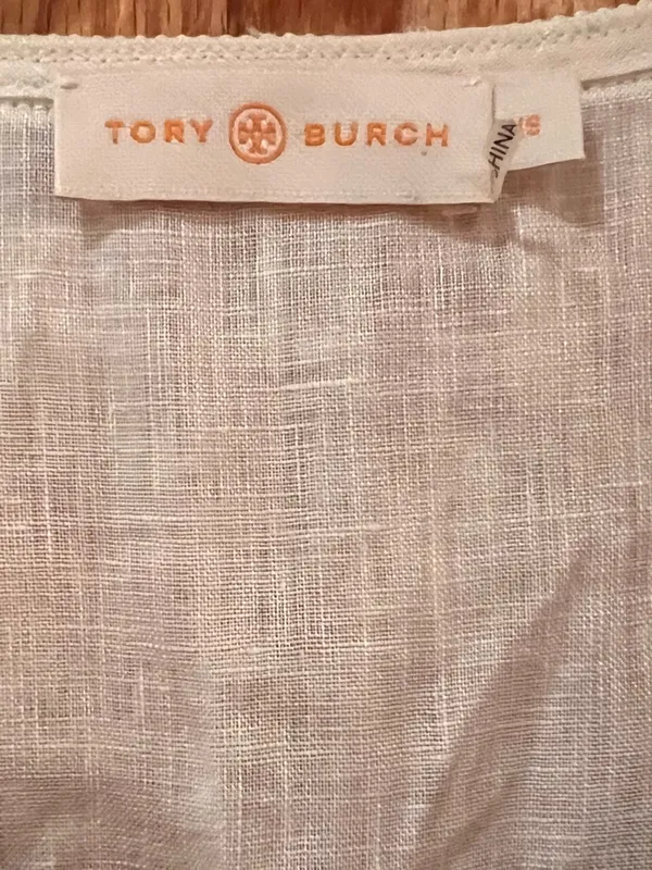 Tory Burch Margarita‎ Cream Linen Tunic Cover-Up Navy Blue Embroidery Size XS - Image 6