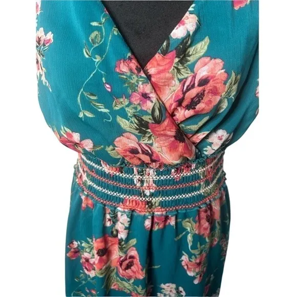 Xhilaration Women XL Teal Green‎ Floral Surplice Smocked Mini Sleeveless Dress - Image 4