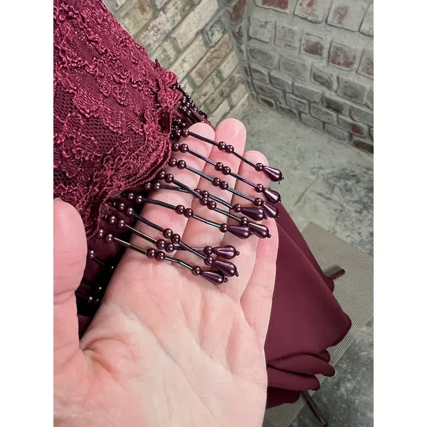 formal dress prom maroon wine red lace beaded fringe - Image 10