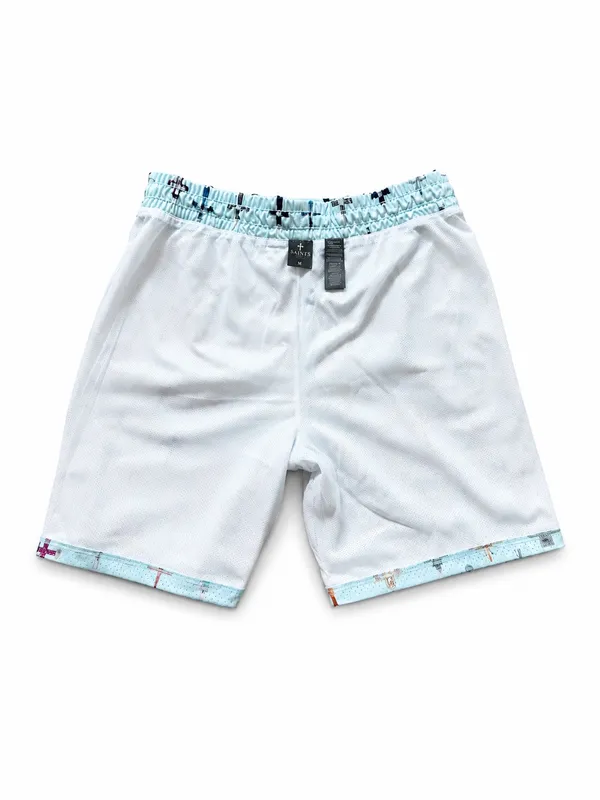 Saints Studio Mesh Shorts – Light Blue Cross Print - Image 4