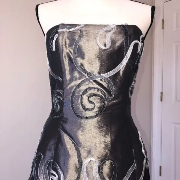 Vintage Jessica McClintock Dress Autumn Wedding Guest Strapless S XS Metallic 90 - Image 7