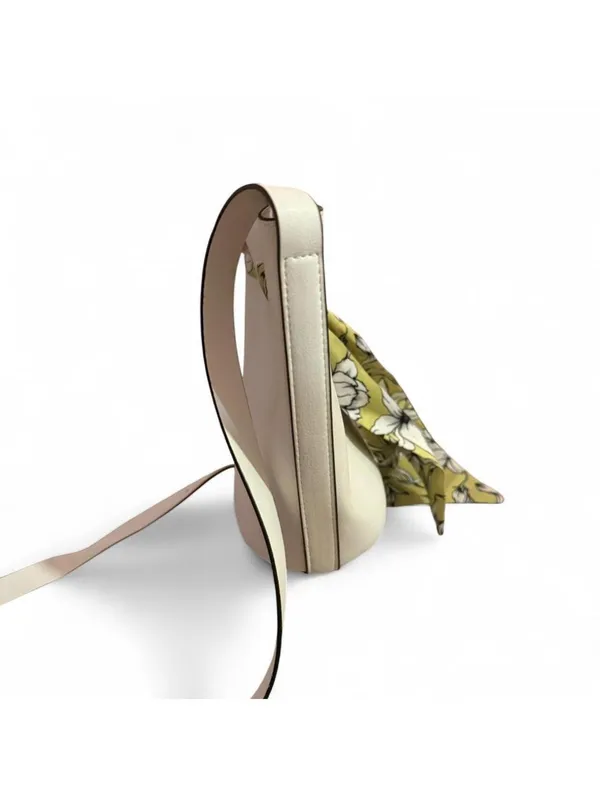 Minimal white bucket bag with removable floral scarf detail - Image 5