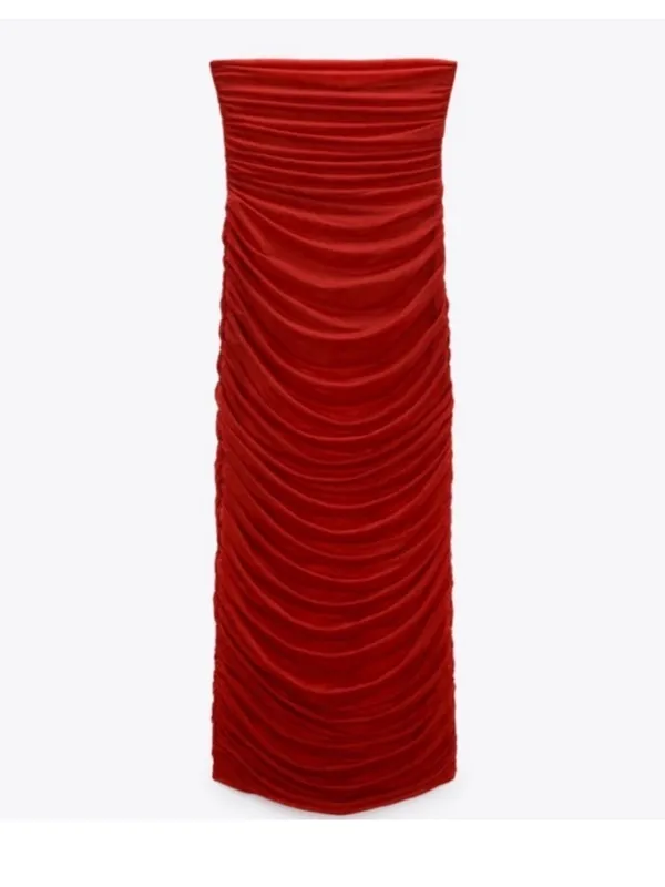 Zara Strapless Organza Dress Ruched Red L - Image 5