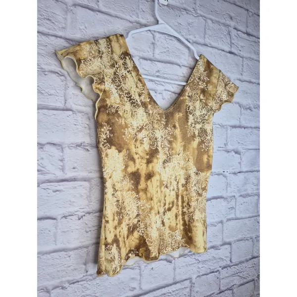Vtg Y2K Rave Faux Wrap Top Brown Floral Lettuce Hem Whimsigoth Cap Sleeve M Knit - Image 5