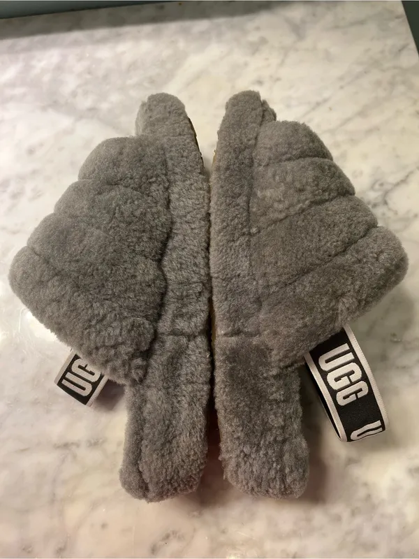 UGG Plush Quilted Gray Fluff Slide with Branded Strap - Image 8