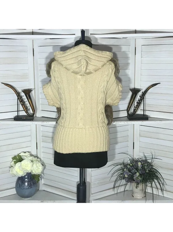 Vintage Faux Fur vest cable knit warm hooded ski resort travel cottage 70's boho - Image 2
