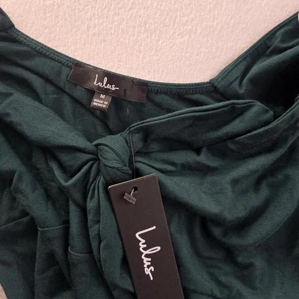 Lulus NWT 39R Forest Green Sweetheart Tie Front Long Bishop Sleeve‎ Bodysuit M - Image 3