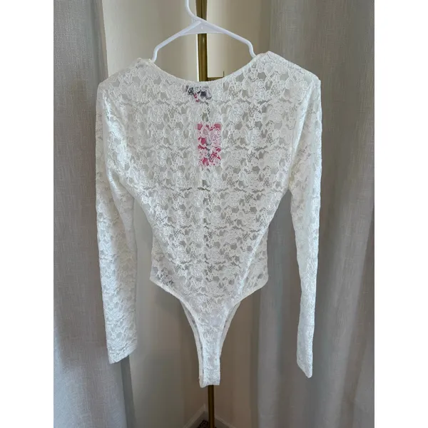 Edikted NWT Zoey Two Piece Bodysuit Women's Large White Sheer Lace Long Sleeve - Image 2