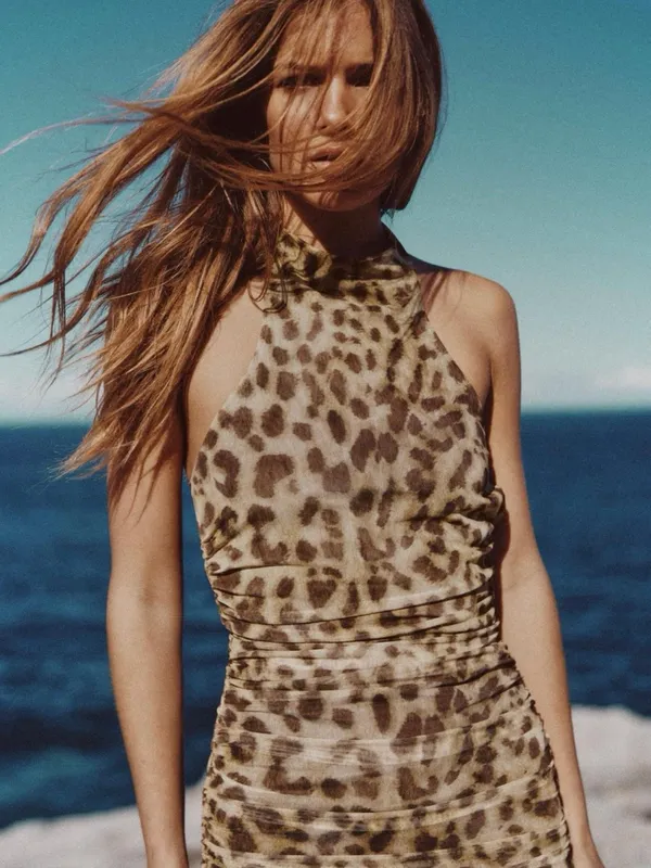 Zara Leopard-Print Ruched Midi Dress in Tan - Image 2