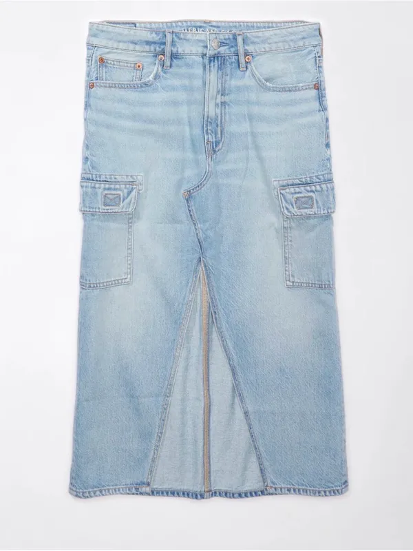 American Eagle Outfitters Light Wash Denim Midi Skirt with Front Slit - Image 2